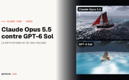 Claude Opus 5.5 contre GPT-6 Sol : les deux scènes de tempête en 3D au moment d'un éclair, le bateau de pêche aux voiles rouges et le voilier blanc