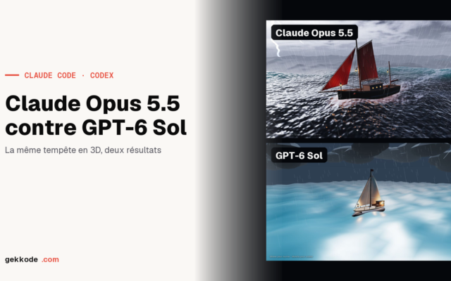 Claude Opus 5.5 contre GPT-6 Sol : les deux scènes de tempête en 3D au moment d'un éclair, le bateau de pêche aux voiles rouges et le voilier blanc