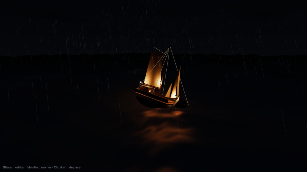 Scène three.js de Claude Fable 5.1 : voilier de nuit lu par ses quatre lanternes, reflets chauds sur une houle noire, pluie en traînées