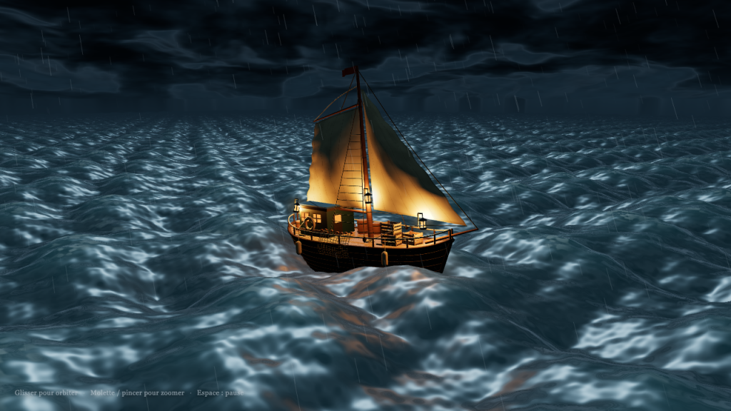 Scène three.js de GPT-6 Astra : voilier de pêche sur une mer grise agitée, écume, plafond nuageux, quatre lanternes