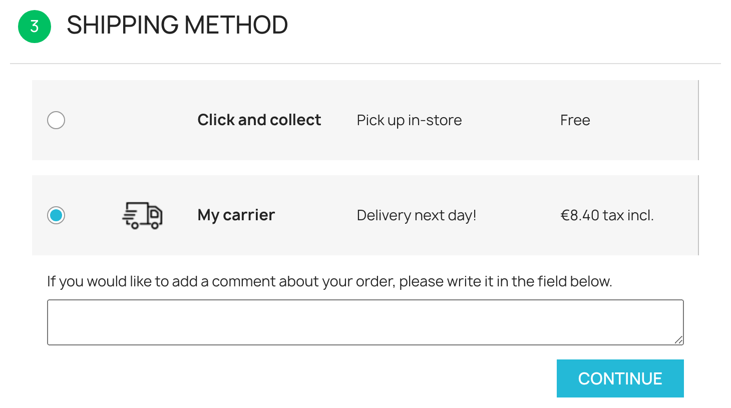 Étape Livraison du tunnel PrestaShop avec le champ « Delivery instructions » rempli sous les transporteurs