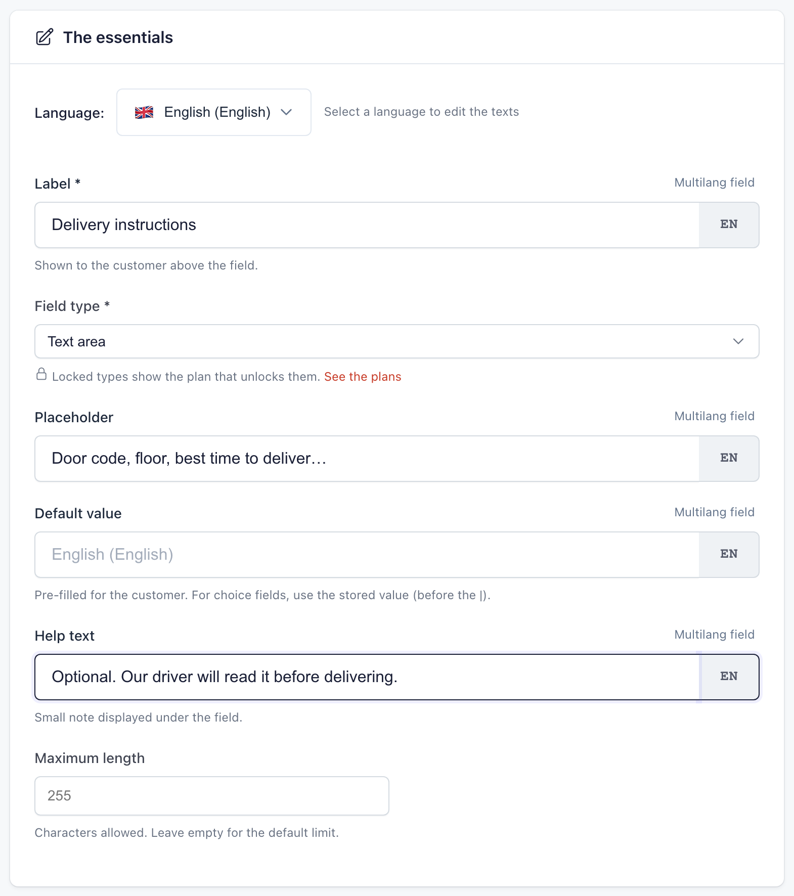 Formulaire de création d'un champ Easy Checkout Fields, rempli pour « Delivery instructions » de type zone de texte