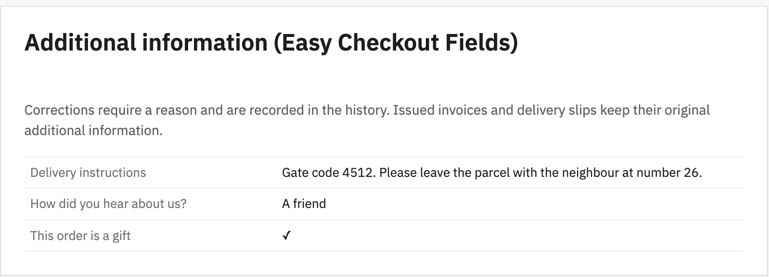 Bloc « Additional information (Easy Checkout Fields) » sur la fiche commande du back-office PrestaShop