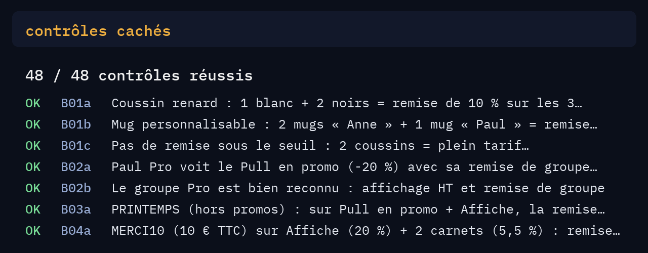 Relevé des contrôles cachés de la boutique : 48 contrôles réussis sur 48, avec sept lignes en exemple