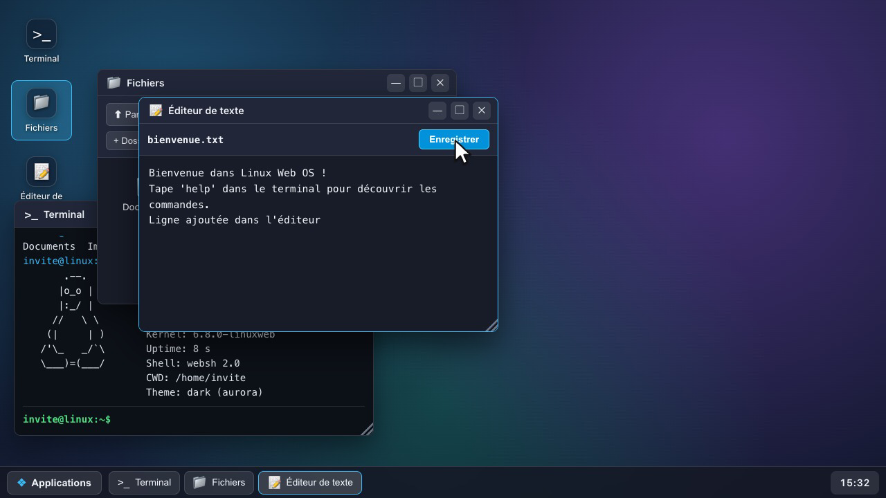 Un bureau d'ordinateur dans le navigateur, avec un terminal, un gestionnaire de fichiers et un éditeur de texte ouverts en même temps