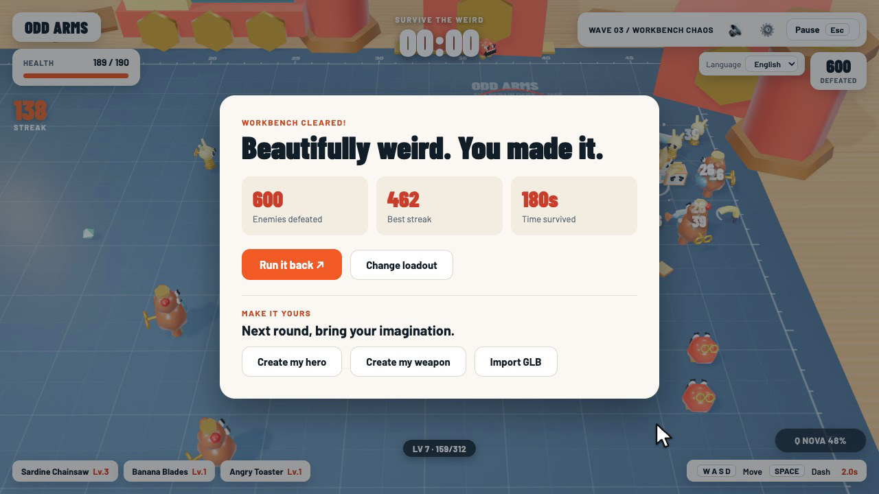 Écran de victoire d'ODD ARMS, seconde prise : « Beautifully weird. You made it. », 600 ennemis vaincus en 180 secondes