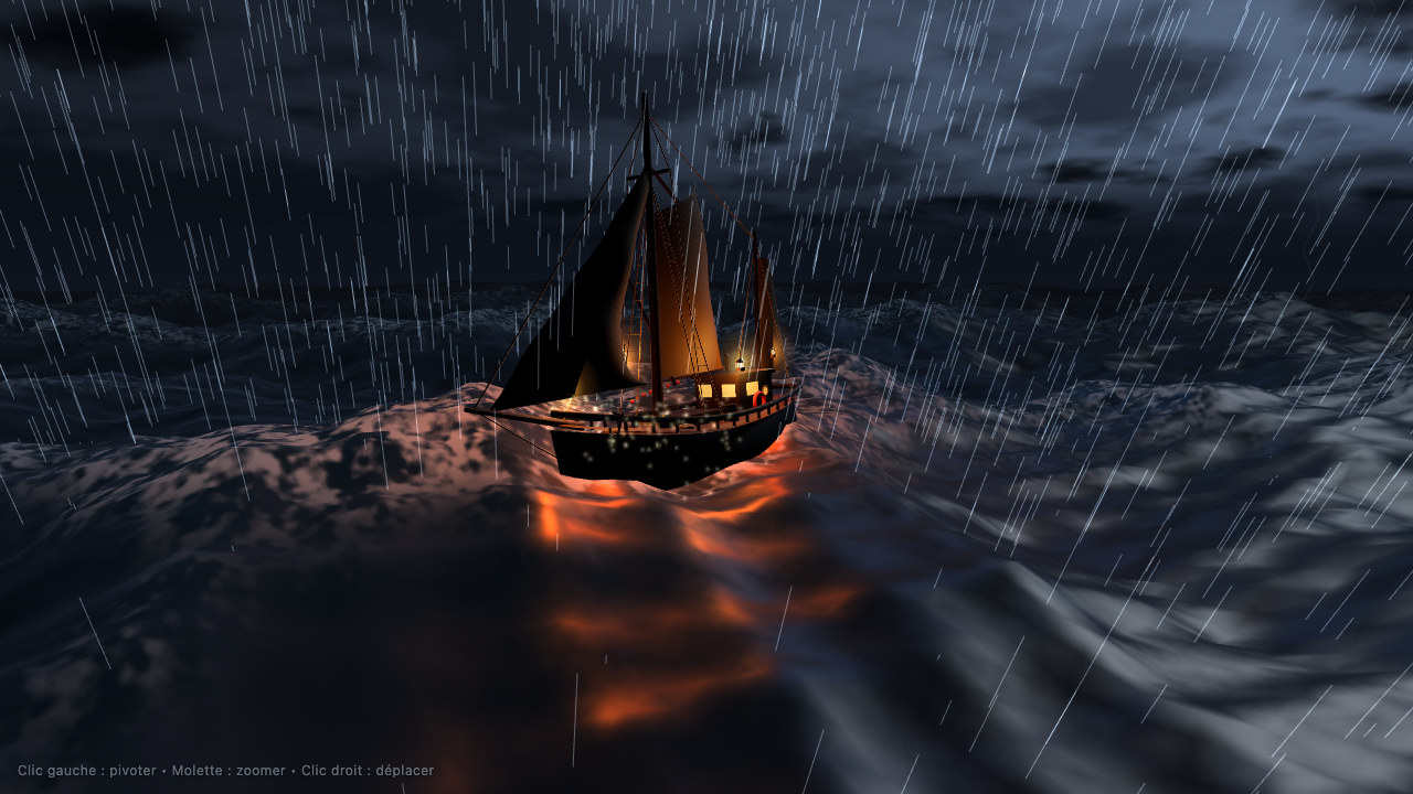 Un voilier de pêche sous la pluie, ballotté par de grosses vagues sous un ciel d'orage, dessiné en 3D dans le navigateur