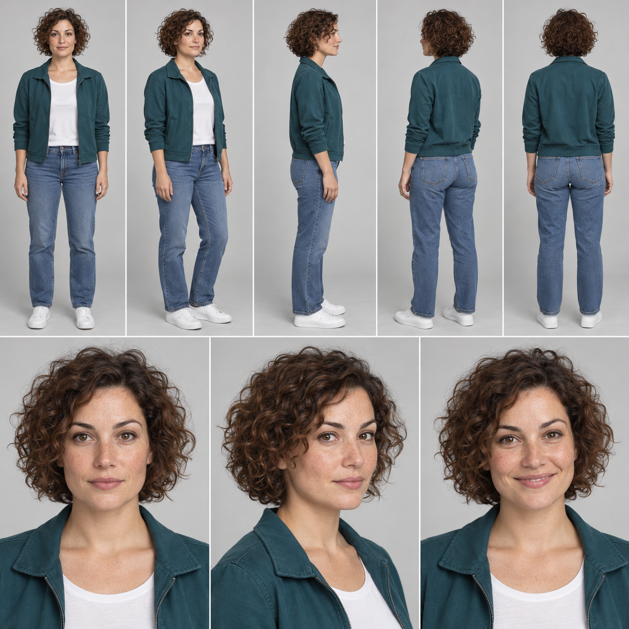 Ergebnis der obigen Anweisung, getestet am 9. Oktober 2026: fünf Ganzkörperansichten und drei Porträts derselben Figur. Prüfe Gesicht, Schuhe und Blickwinkel vor der Auswahl.