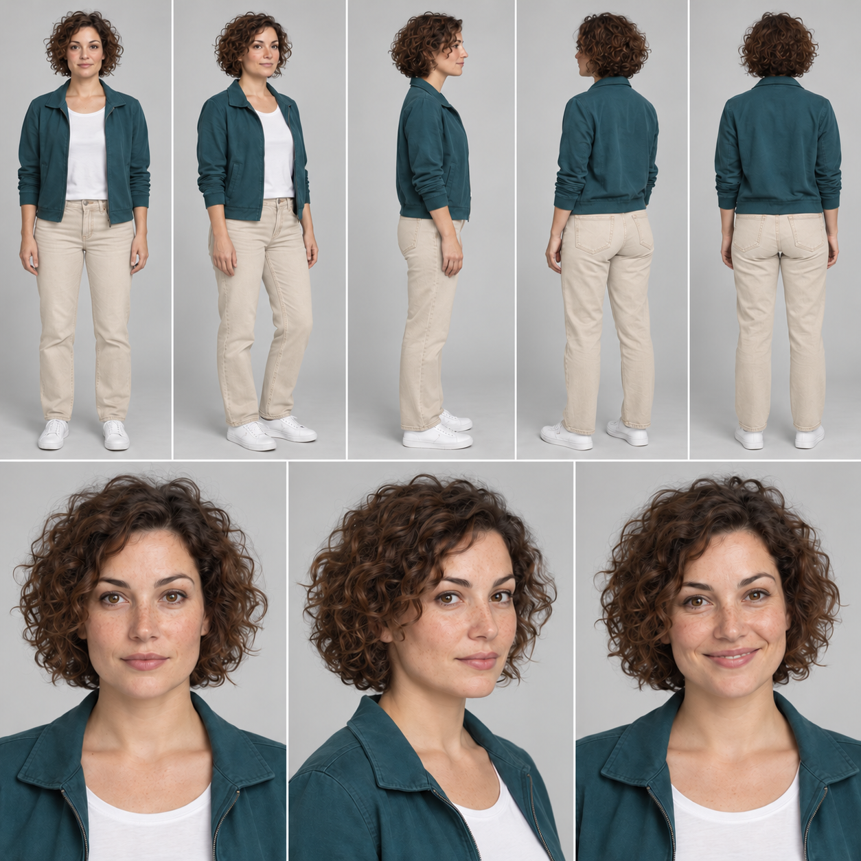 Korrekturversuch: beige Hose in den Ganzkörperansichten. Vergleiche Gesicht, Jacke und Schuhe mit dem ersten Bogen, bevor du das Ergebnis annimmst.