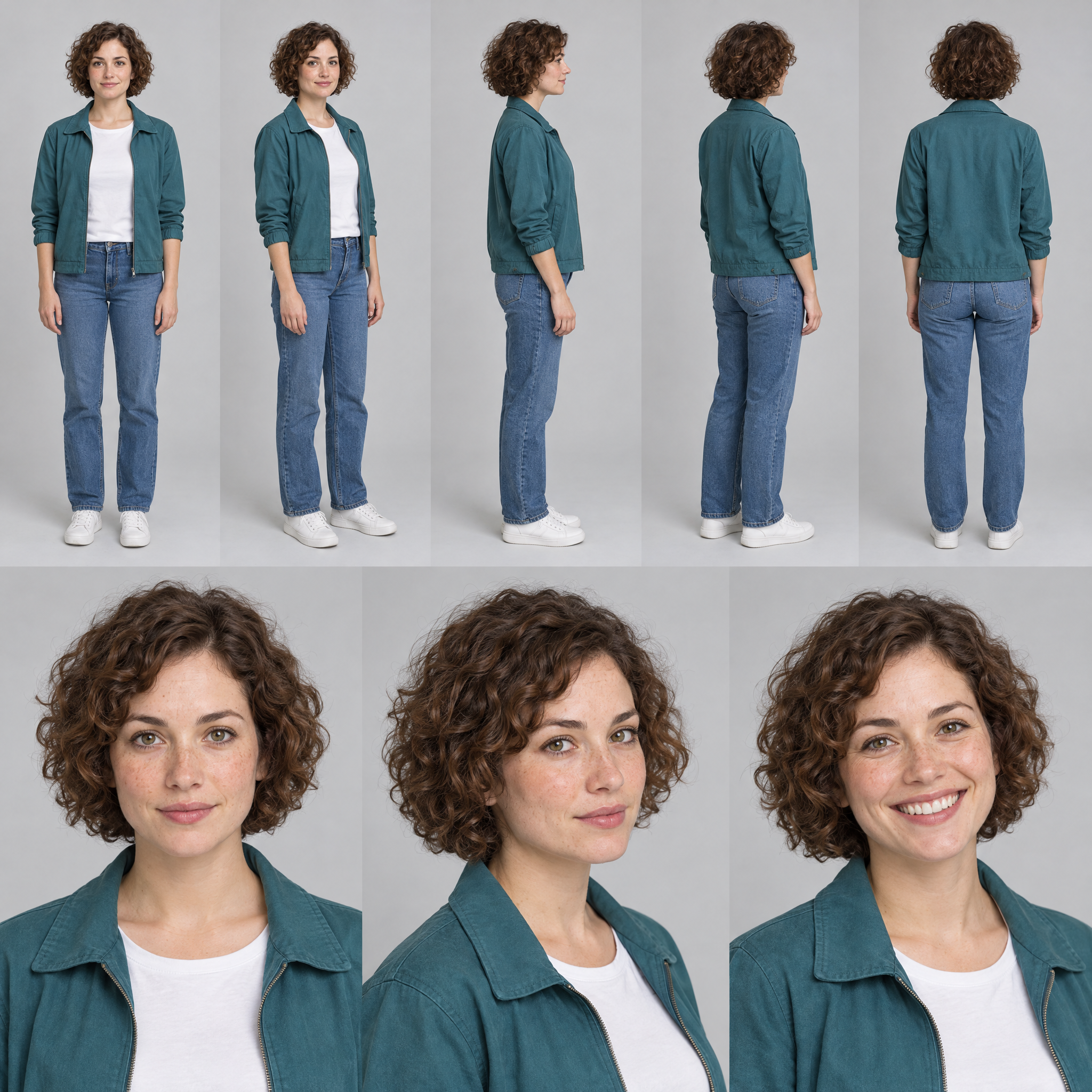 Output from the instruction above, tested on 9 October 2026: five full-body views and three portraits of the same character. Check the face, shoes and angles before accepting the sheet.