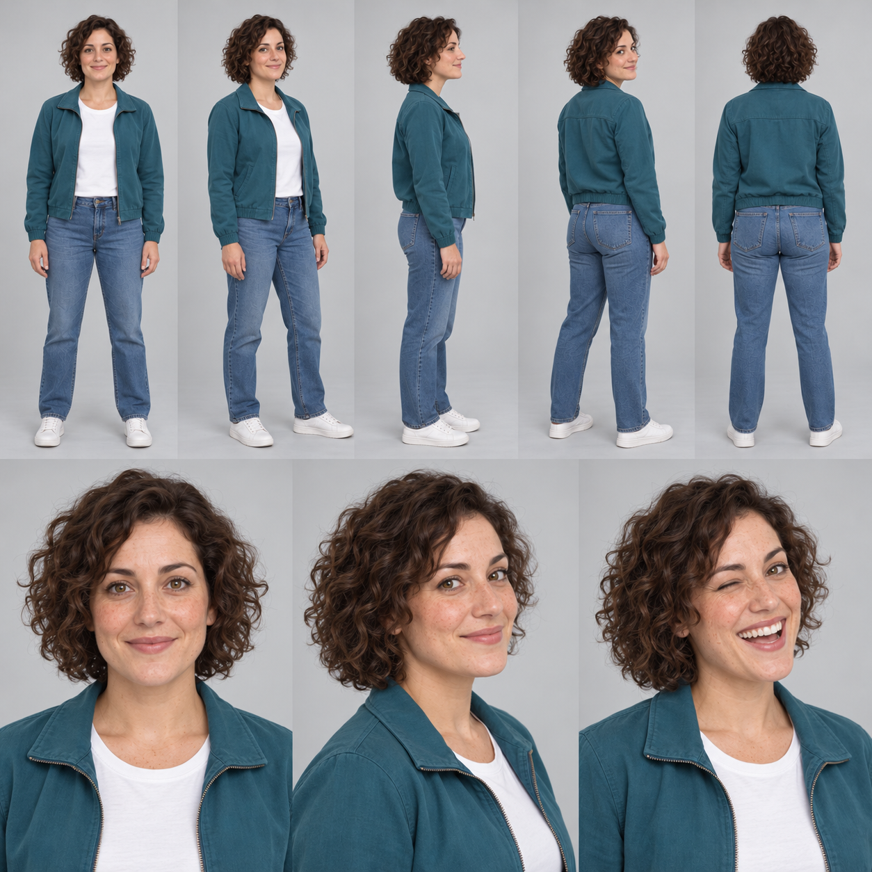 Output with Glen’s sheet attached: a new fictional woman with a different identity and outfit, shown in eight views.