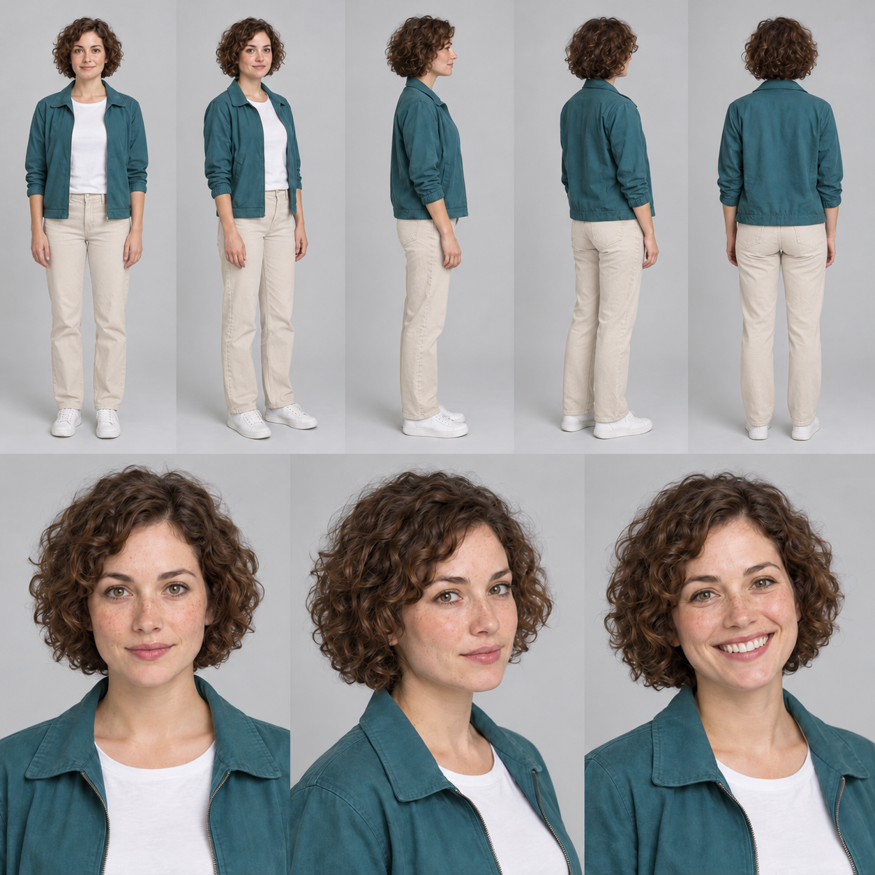 Correction test: beige trousers replace the jeans in the full-body views. Compare the face, jacket and shoes with the first sheet before accepting it.