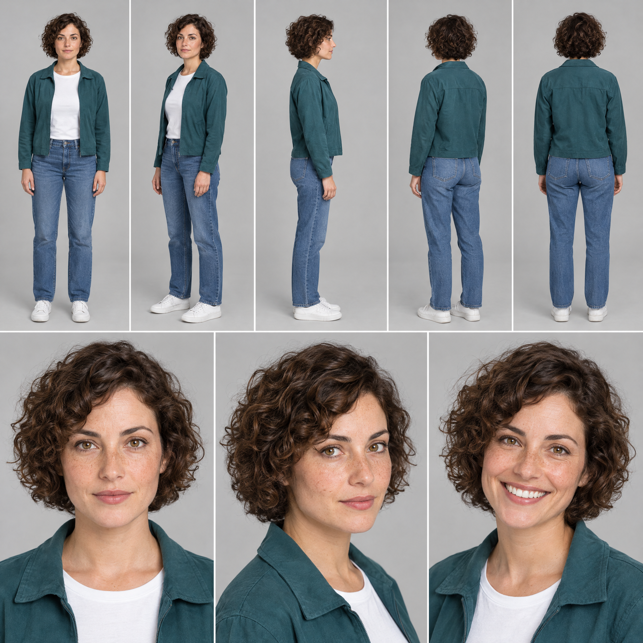 Resultado de la instrucción anterior, probada el 9 de octubre de 2026: cinco vistas de cuerpo entero y tres retratos del mismo personaje. Revisa rostro, zapatos y ángulos antes de elegirla.