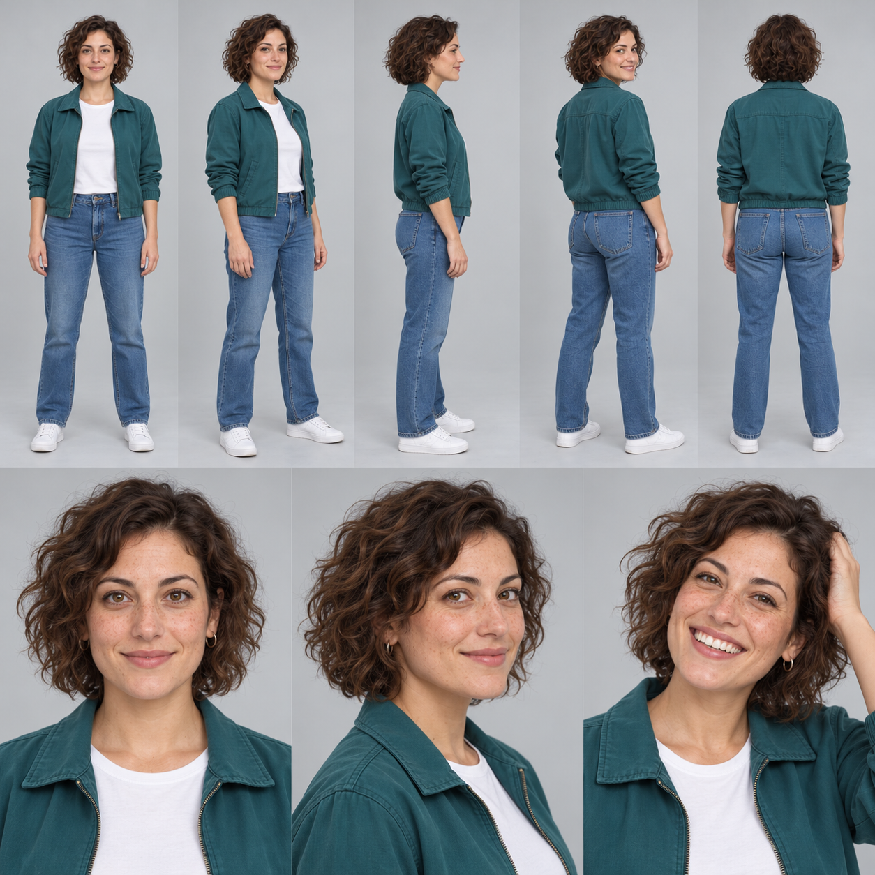 Resultado con la ficha de Glen adjunta: una mujer ficticia nueva, con otra identidad y otra ropa, en ocho vistas.