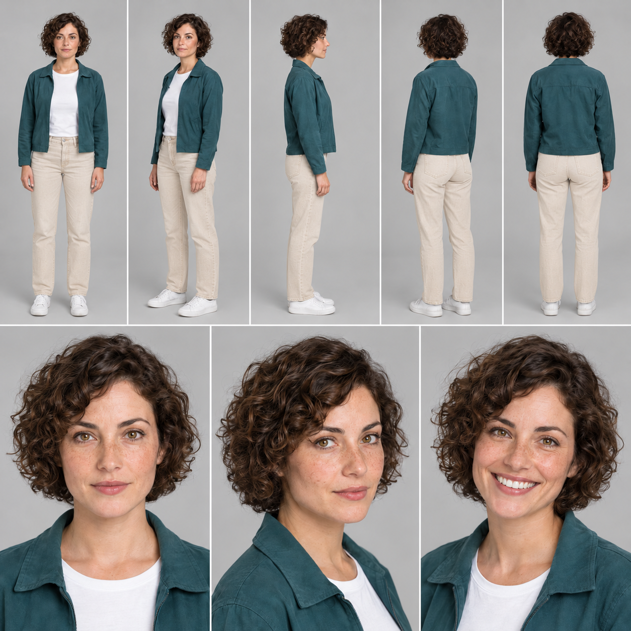 Prueba de corrección: pantalones beige en las vistas de cuerpo entero. Compara rostro, chaqueta y zapatos con la primera ficha antes de aceptarla.