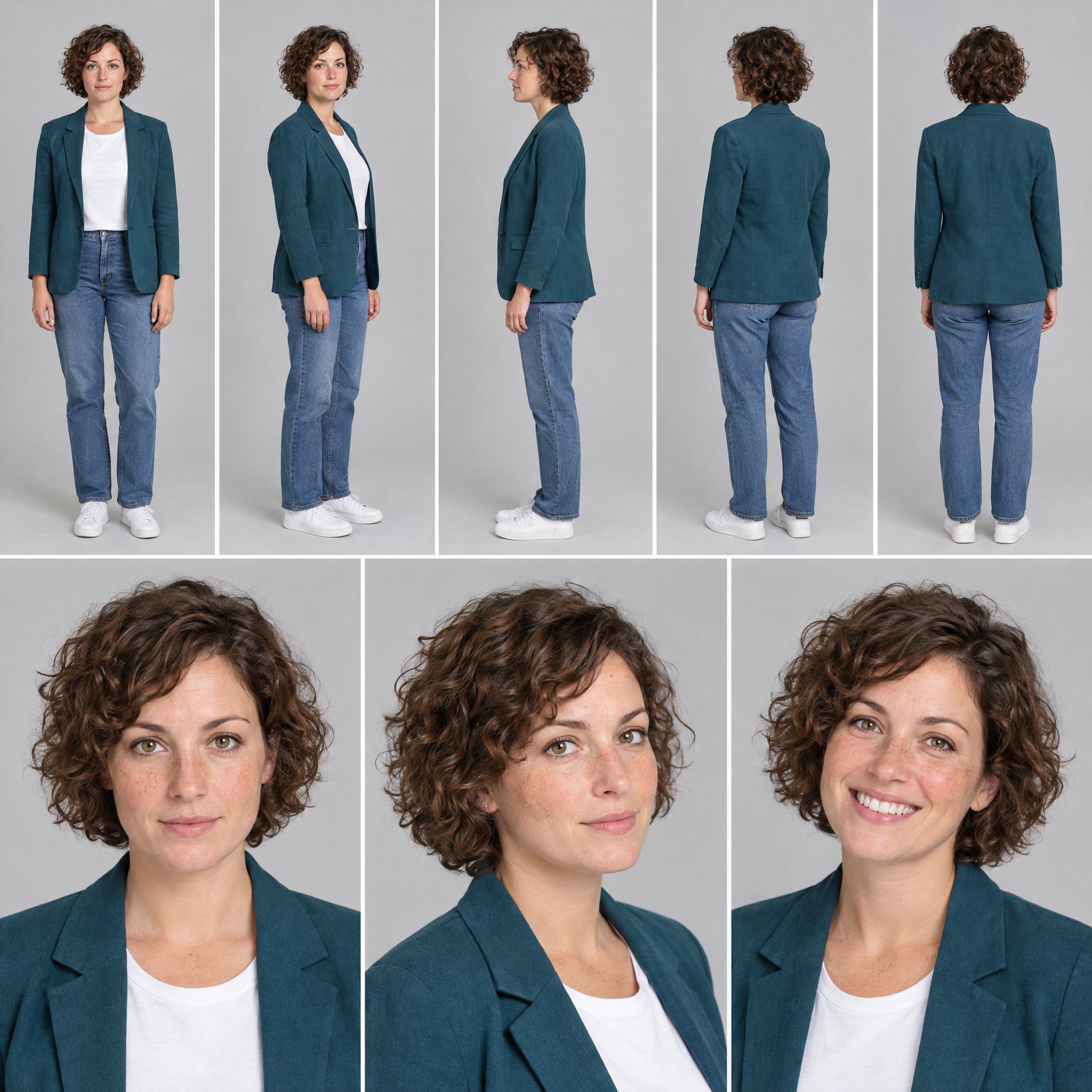 Résultat de la consigne ci-dessus, testée le 9 octobre 2026 : cinq vues en pied et trois portraits du même personnage. Observez le visage, les chaussures et les angles avant de retenir la planche.