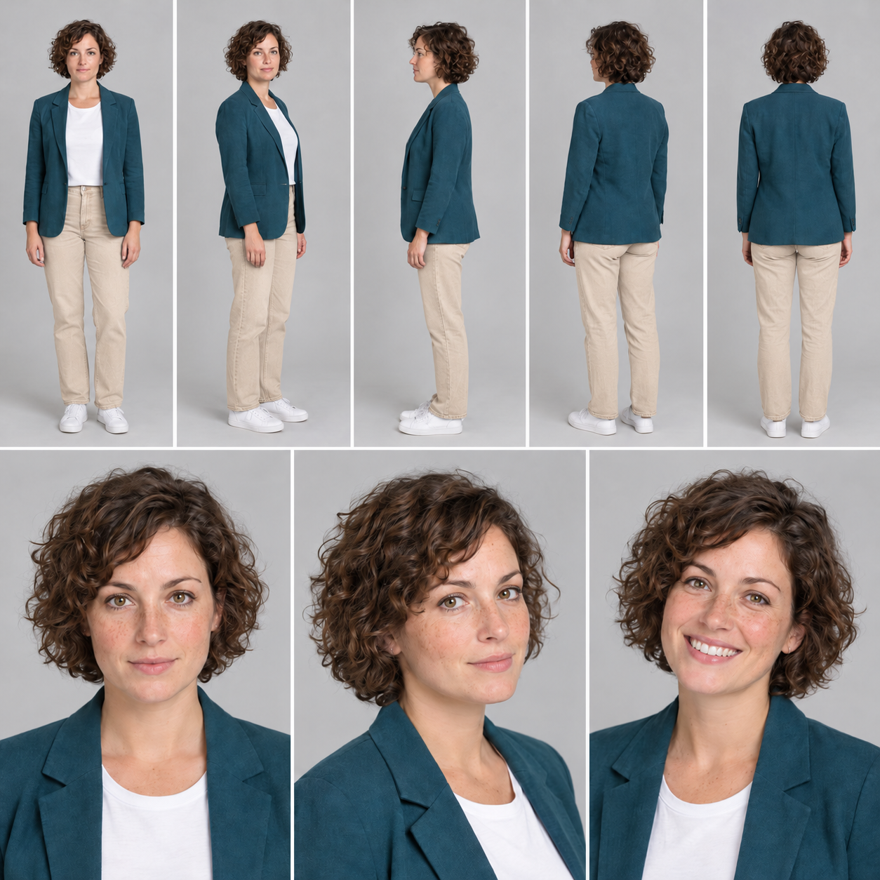 Essai de correction : le pantalon devient beige dans les vues en pied. Comparez le visage, la veste et les chaussures avec la première planche avant d’accepter le résultat.