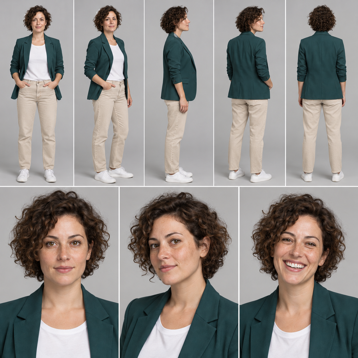 Prova di correzione: pantaloni beige nelle viste intere. Confronta volto, giacca e scarpe con la prima scheda prima di accettare il risultato.