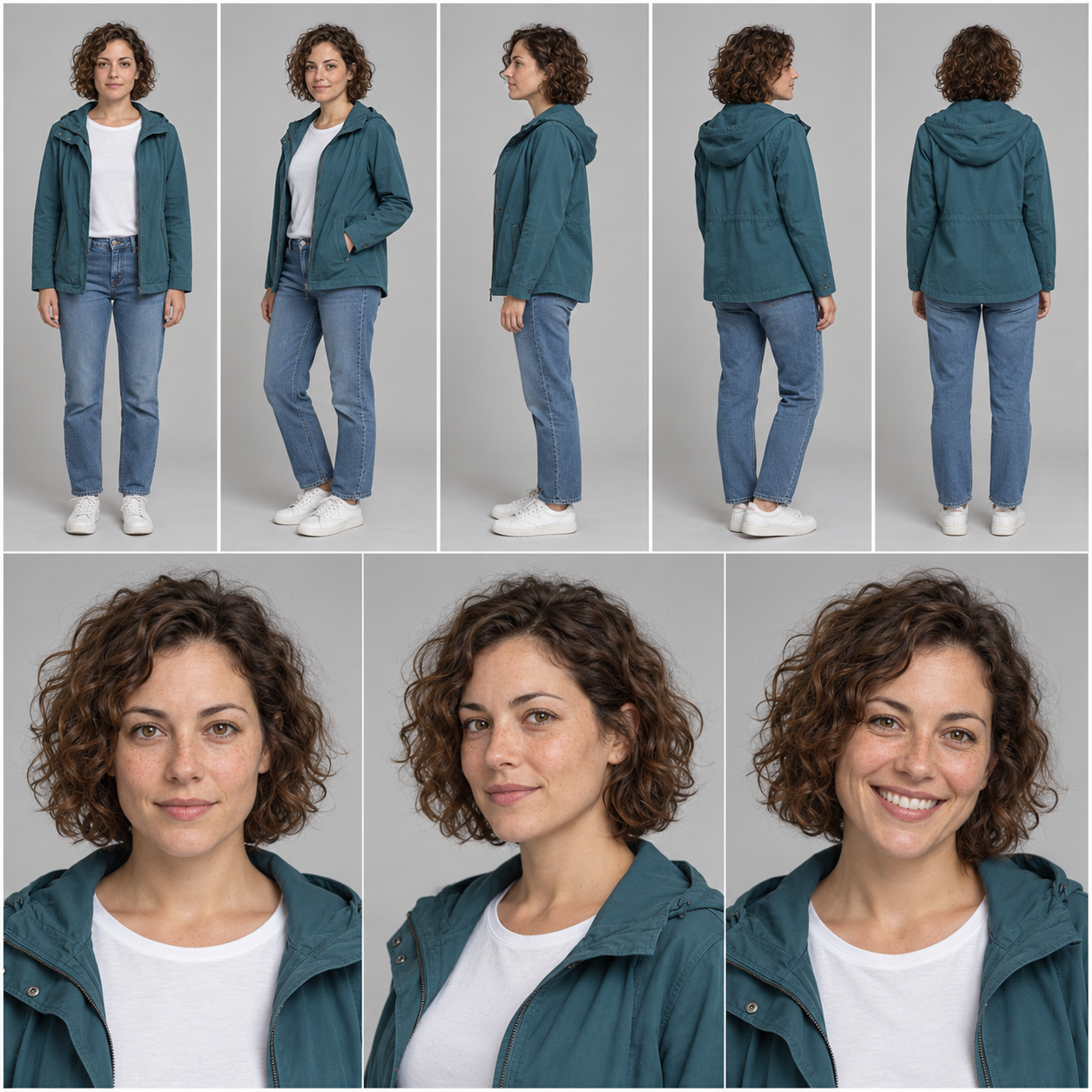 Resultaat van de opdracht hierboven, getest op 9 oktober 2026: vijf volledige lichaamsbeelden en drie portretten van hetzelfde personage. Controleer gezicht, schoenen en hoeken voordat je het blad kiest.