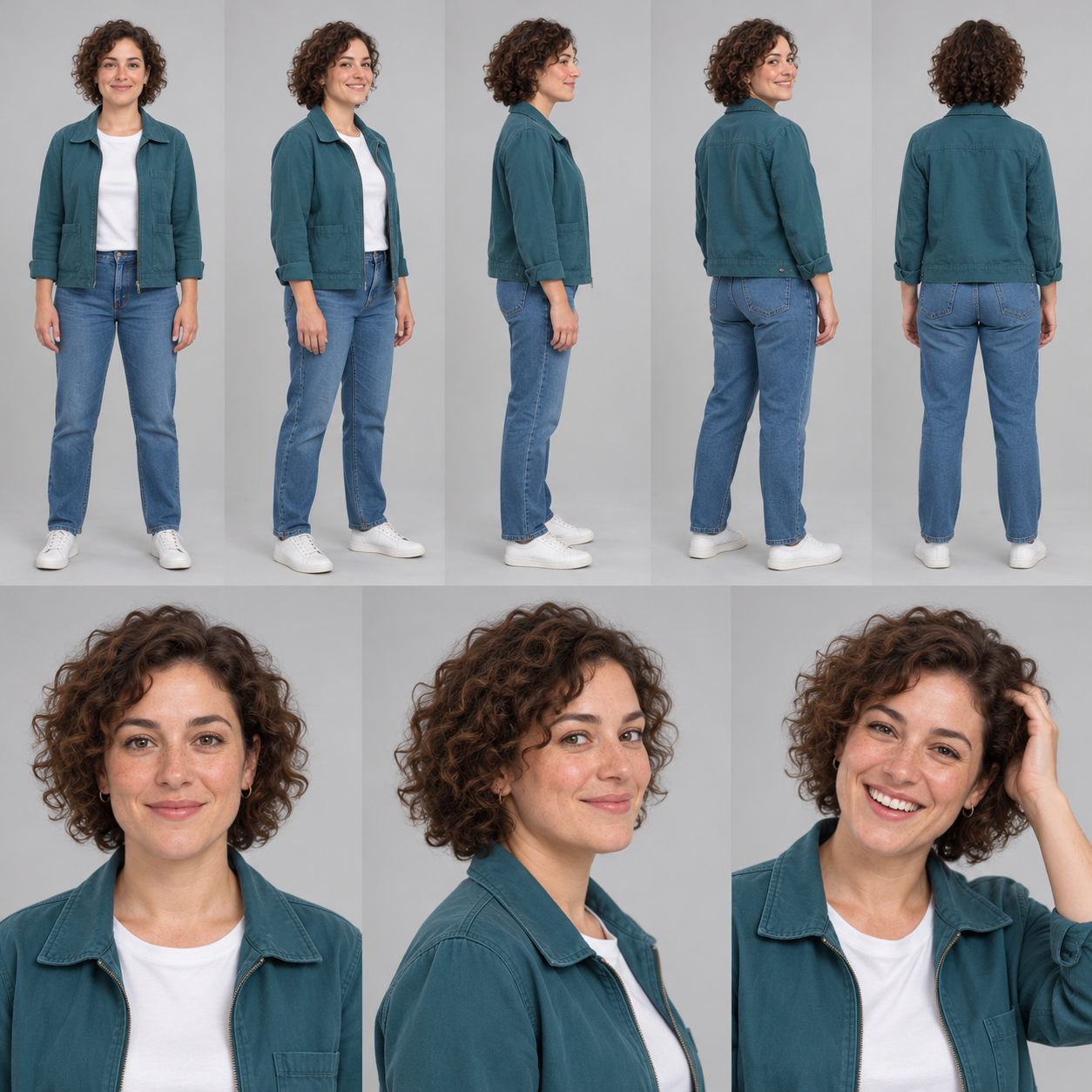 Resultaat met Glens blad als bijlage: een nieuwe fictieve vrouw met een andere identiteit en kleding, in acht aanzichten.