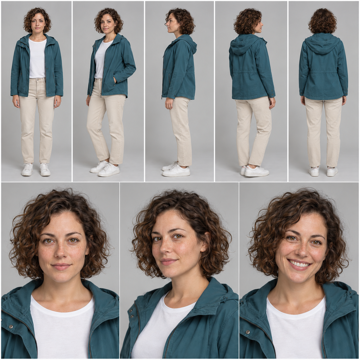 Correctietest: een beige broek in de volledige lichaamsbeelden. Vergelijk gezicht, jas en schoenen met het eerste blad voordat je het resultaat kiest.