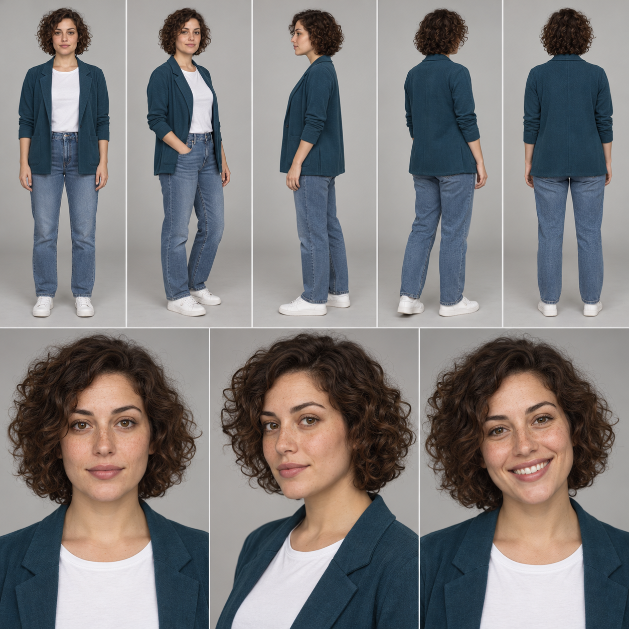 Resultado da instrução acima, testada a 9 de outubro de 2026: cinco vistas de corpo inteiro e três retratos da mesma personagem. Verifica rosto, sapatos e ângulos antes de escolher a ficha.