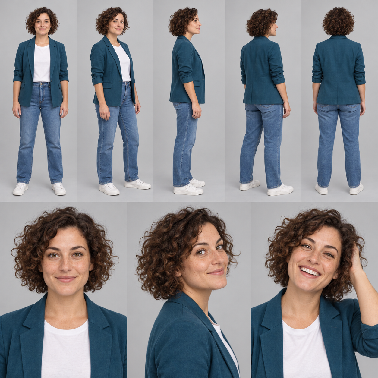 Resultado com a ficha de Glen anexada: uma nova mulher fictícia com outra identidade e outra roupa, em oito vistas.